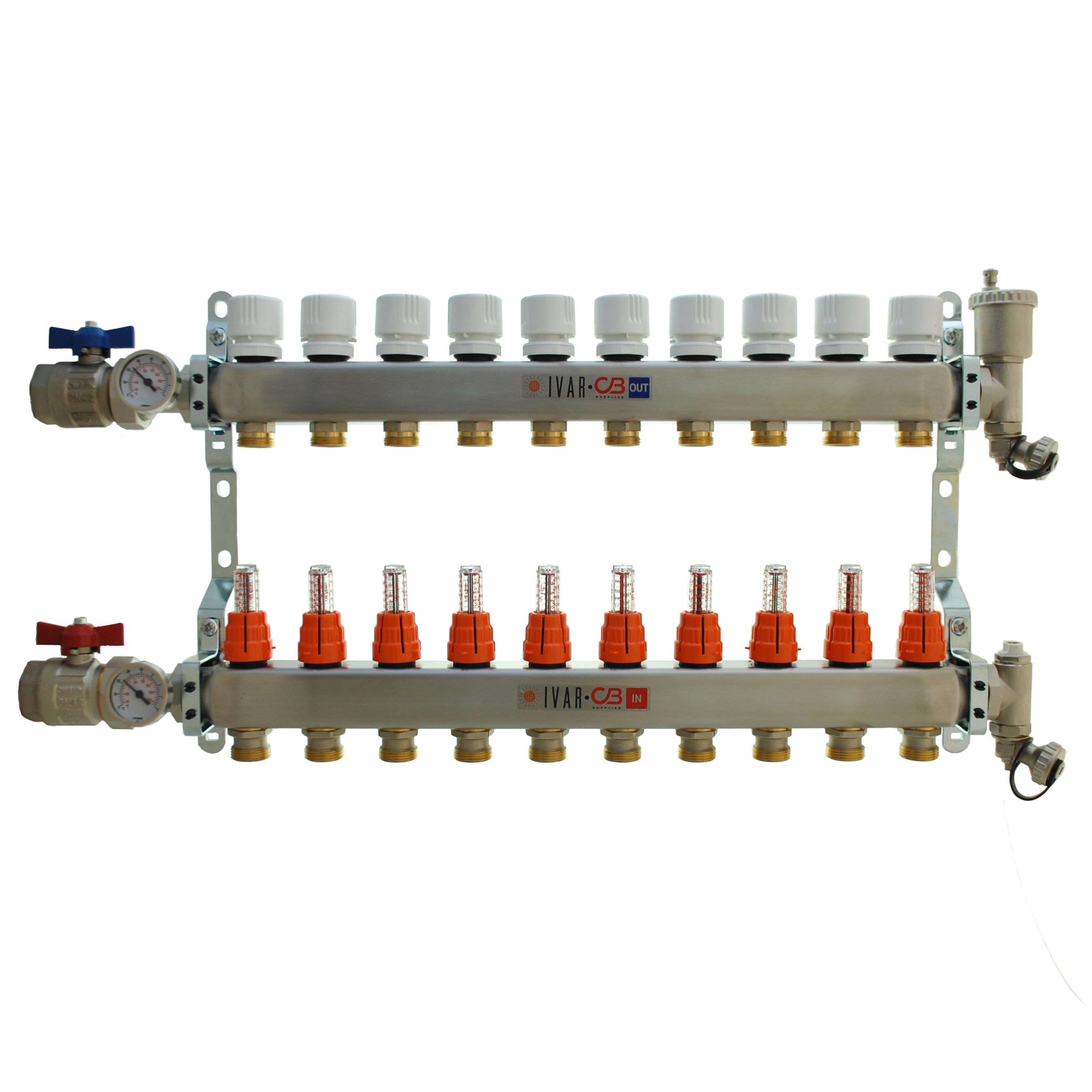 1" IVAR Stainless Steel Hydronic Manifold for Radiant Floor Heating - 10 ports