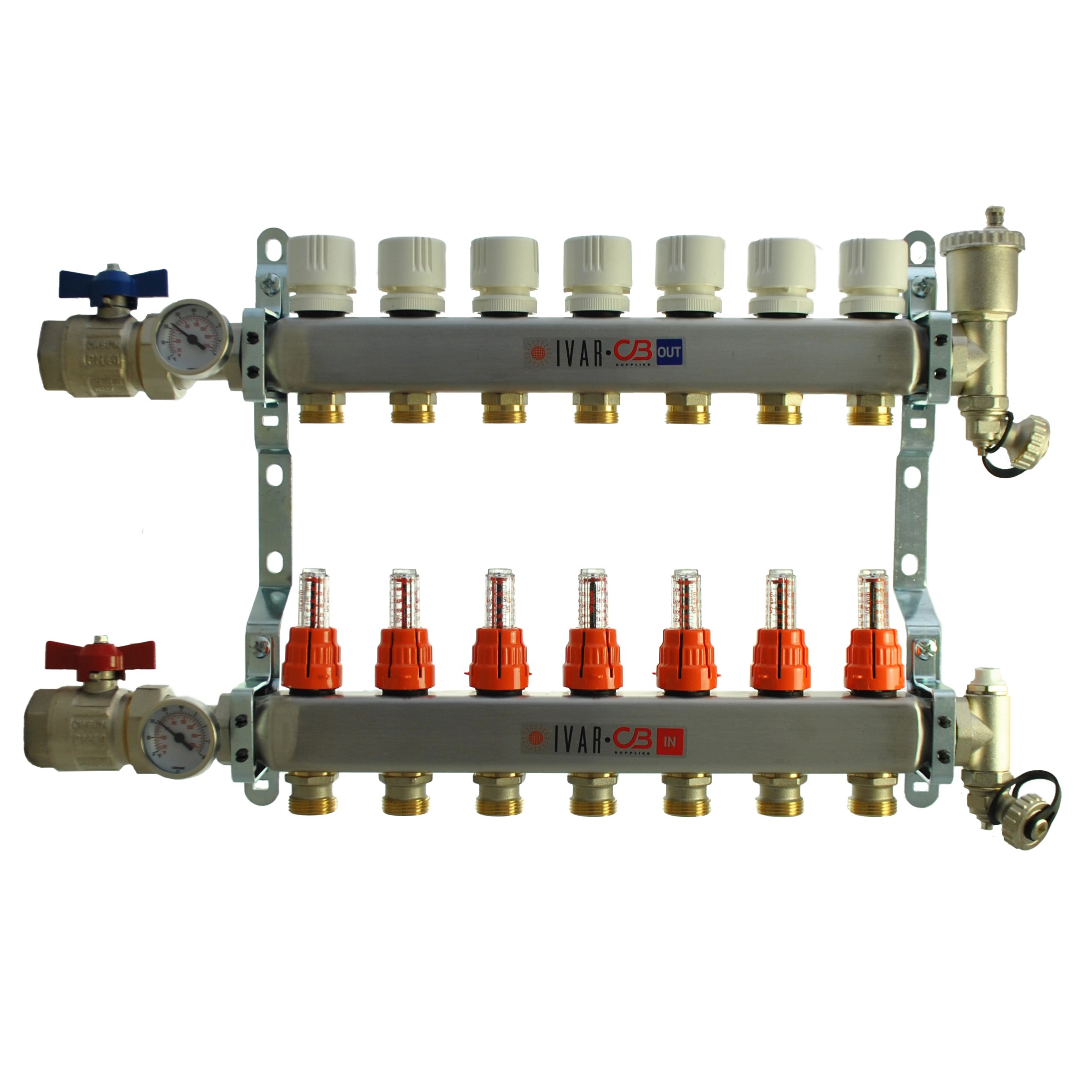 1" IVAR Stainless Steel Hydronic Manifold for Radiant Floor Heating - 7 ports