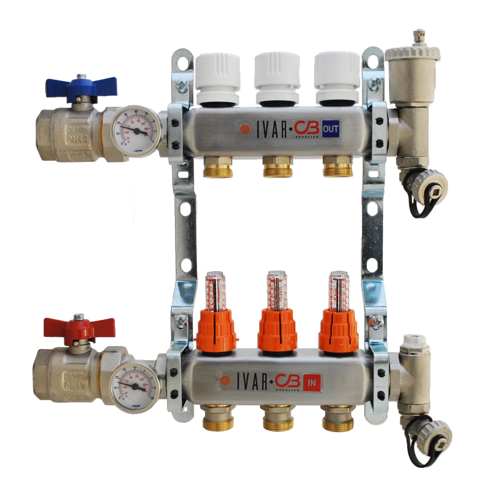 1" IVAR Stainless Steel Hydronic Manifold for Radiant Floor Heating - 3 ports
