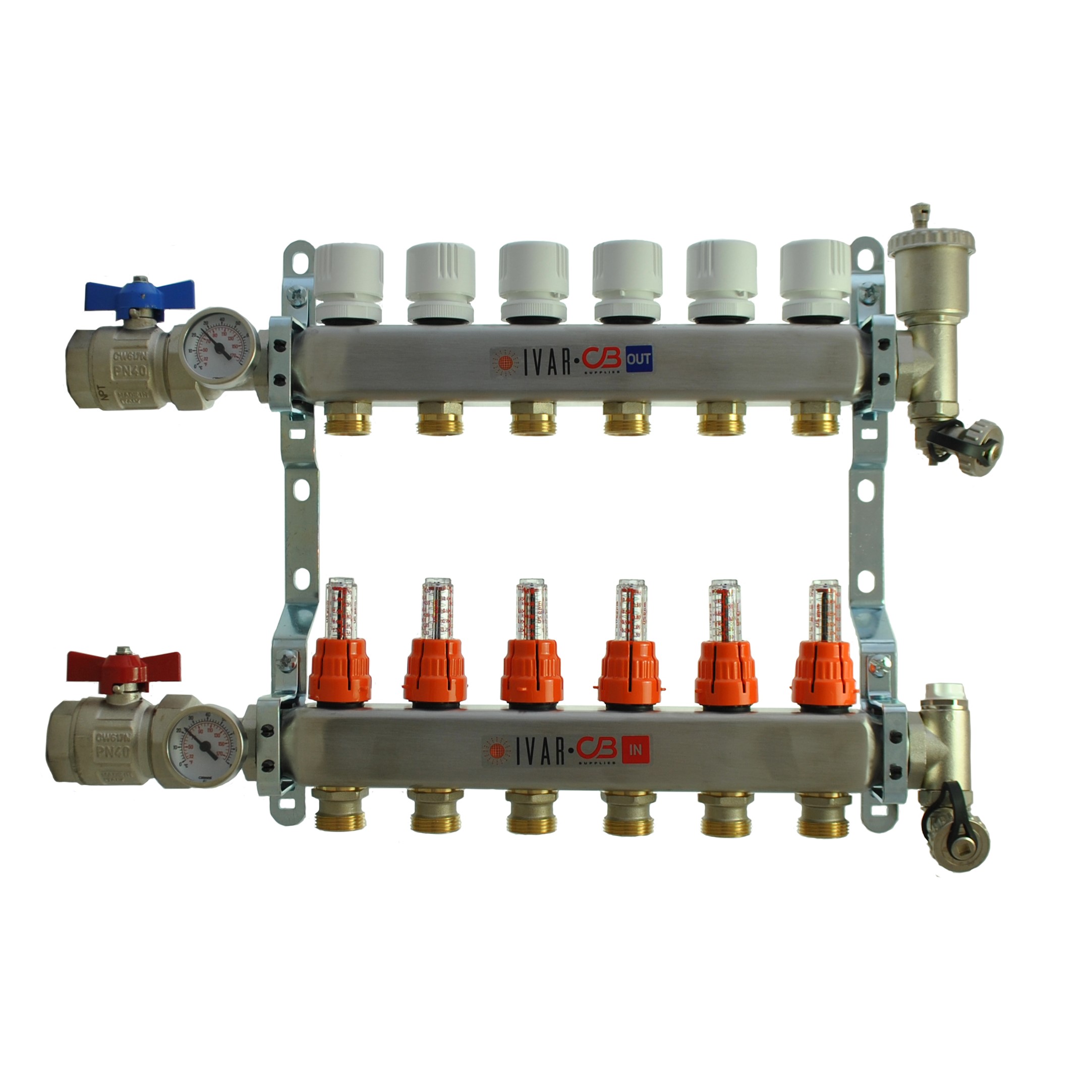 1" IVAR Stainless Steel Hydronic Manifold for Radiant Floor Heating - 6 ports