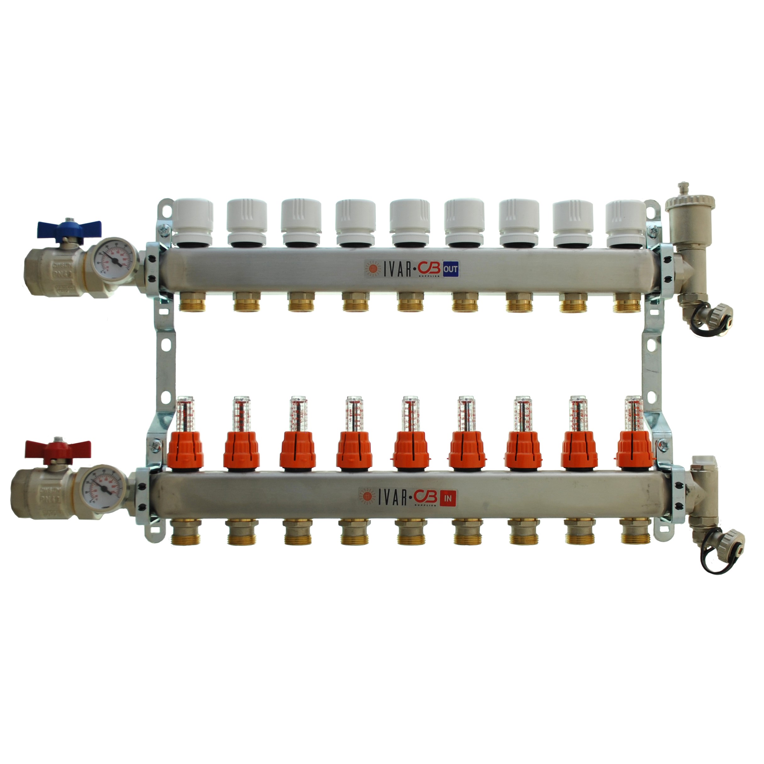 1" IVAR Stainless Steel Hydronic Manifold for Radiant Floor Heating - 9 ports
