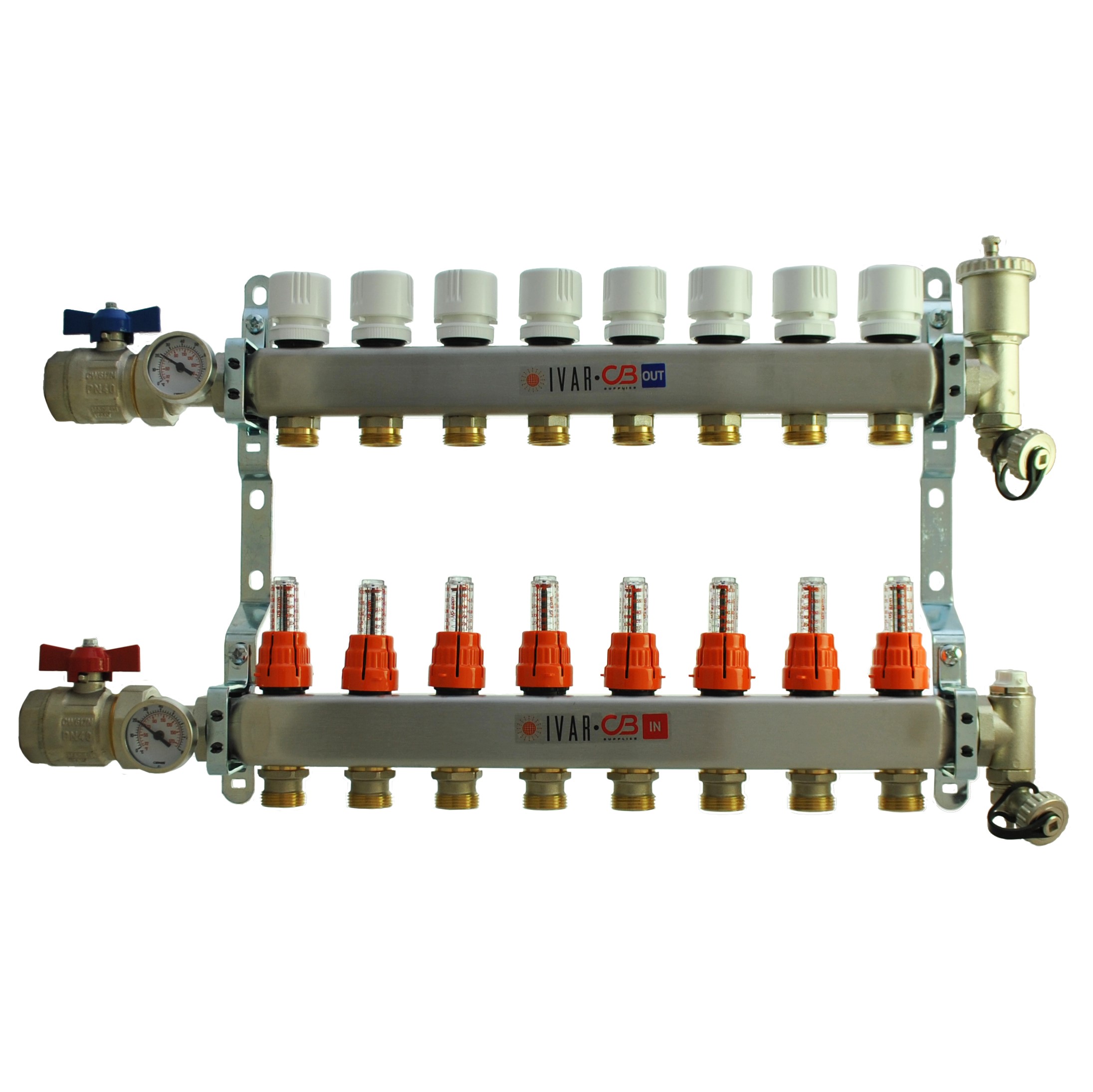 1" IVAR Stainless Steel Hydronic Manifold for Radiant Floor Heating - 8 ports