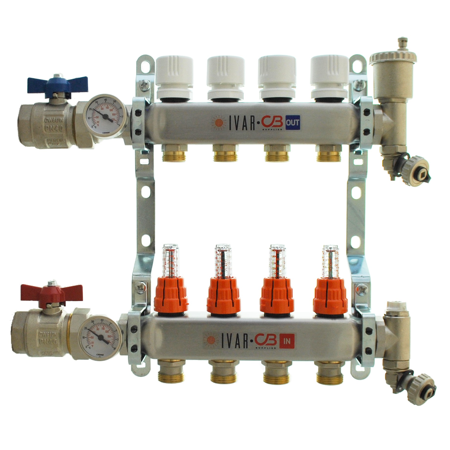 1" IVAR Stainless Steel Hydronic Manifold for Radiant Floor Heating - 4 ports
