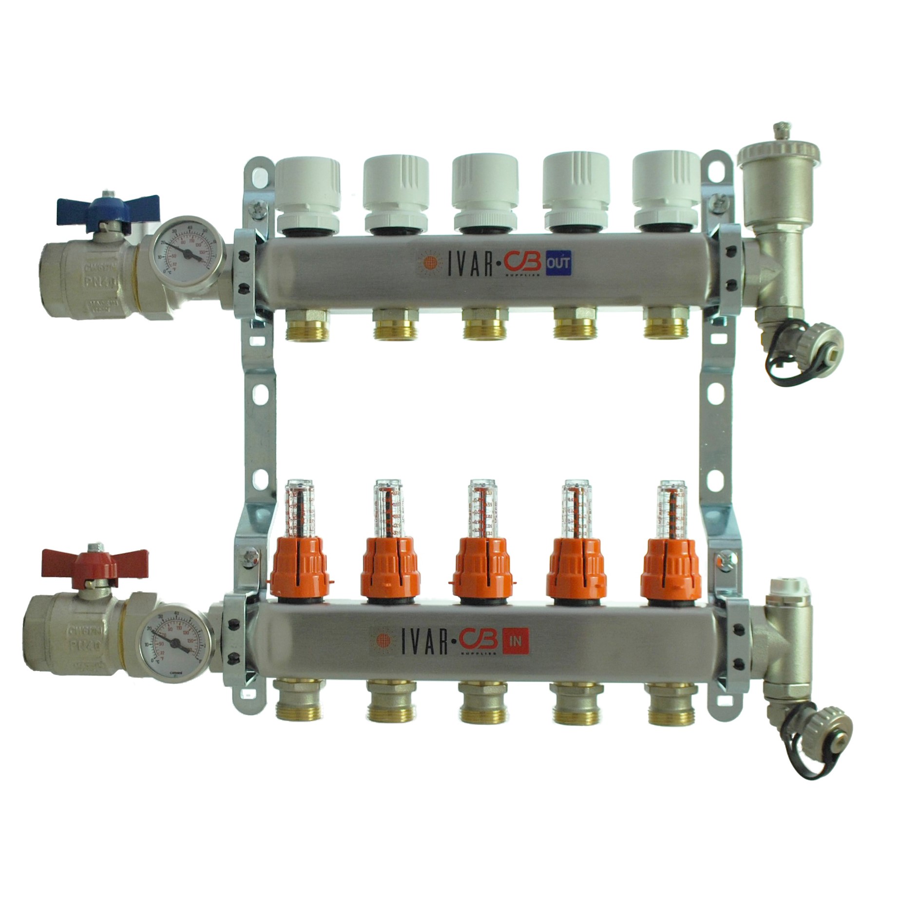 1" IVAR Stainless Steel Hydronic Manifold for Radiant Floor Heating - 5 ports