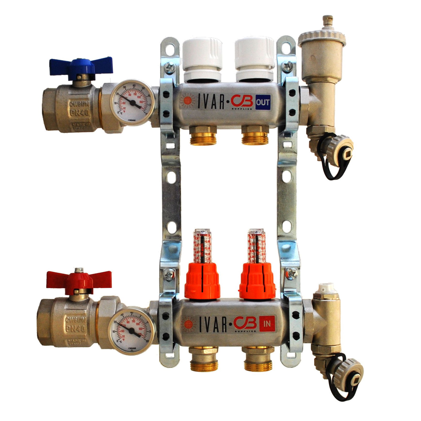 1" IVAR Stainless Steel Hydronic Manifold for Radiant Floor Heating - 2 ports