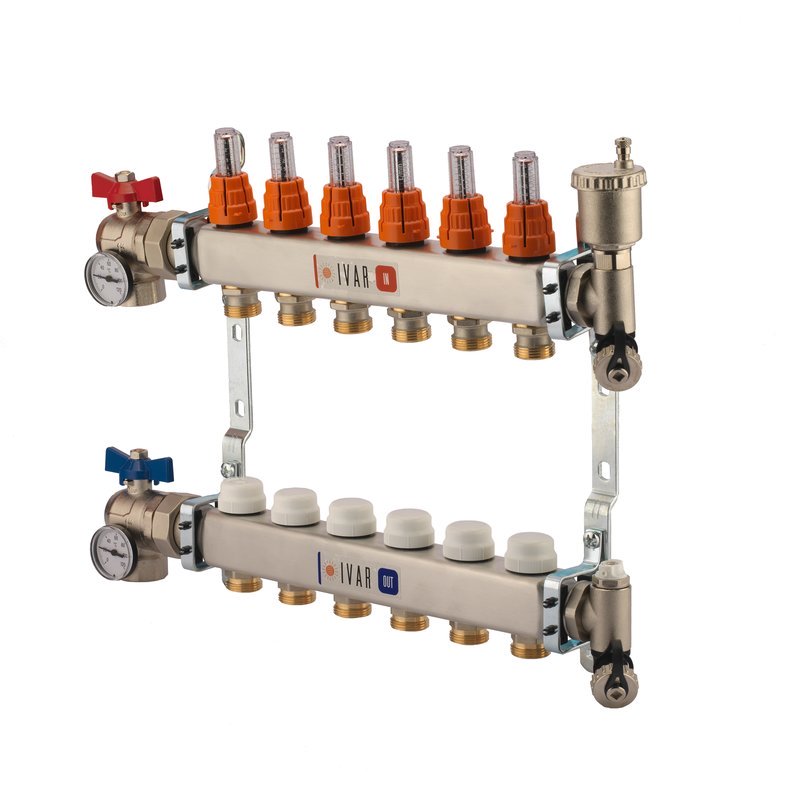 1" IVAR Stainless Steel Hydronic Manifold for Radiant Floor Heating - 12 ports